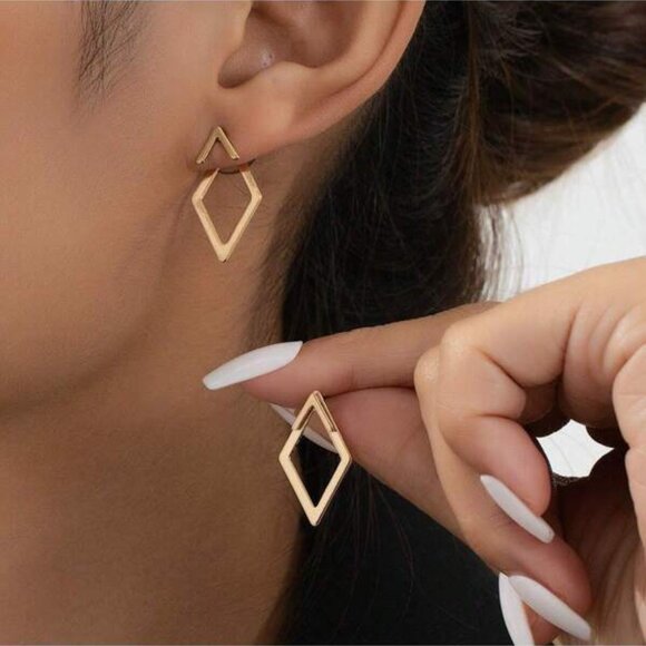 18K Gold Geometric Drop Earrings - Picture 3 of 5